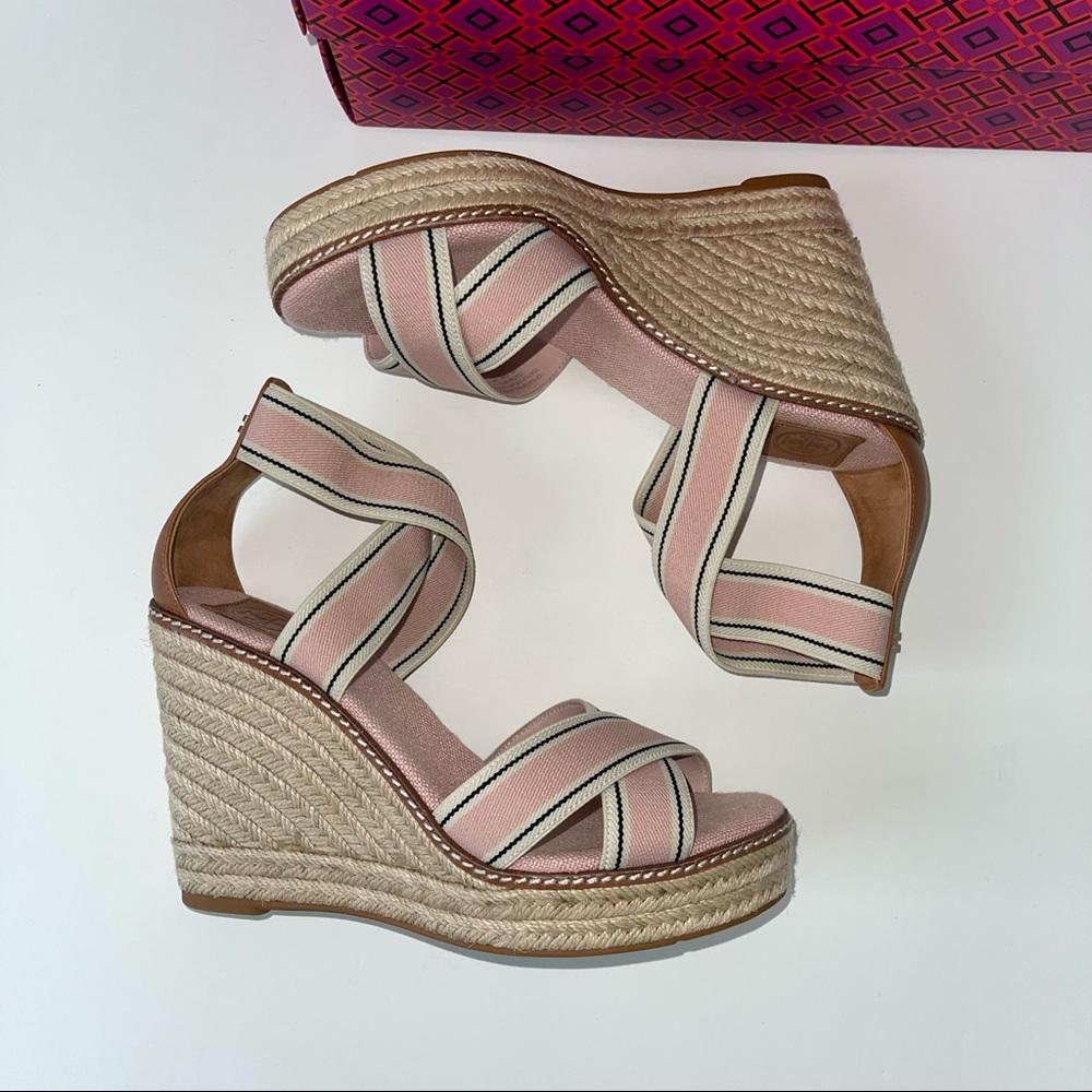 Tory Burch Frieda Espadrille -Stretch Webbing /Calf Leather &Strap Wedge Sandal - Picture 9 of 16